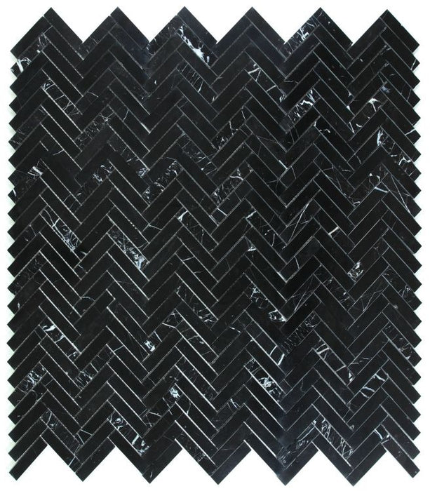 Elysium - Herringbone Marquina 11.25 in. x 11.25 in. Marble Mosaic