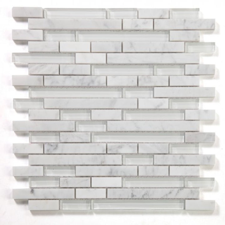 Elysium - Linear Carrara White 11.75 in. x 12 in. Glass and Marble Mosaic