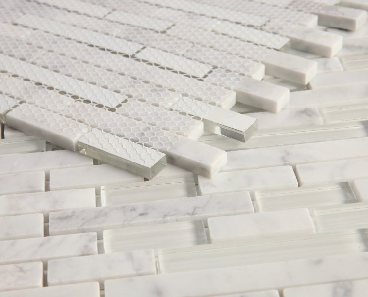 Elysium - Linear Carrara White 11.75 in. x 12 in. Glass and Marble Mosaic
