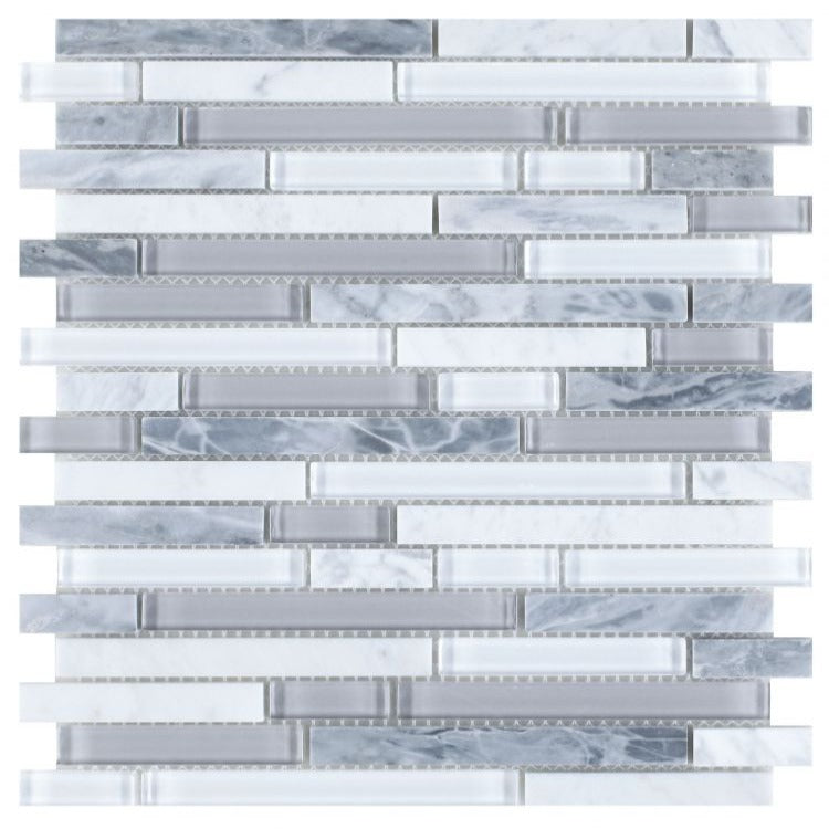 Elysium - Linear Montage Grey 11.75 in. x 12 in. Glass and Marble Mosaic