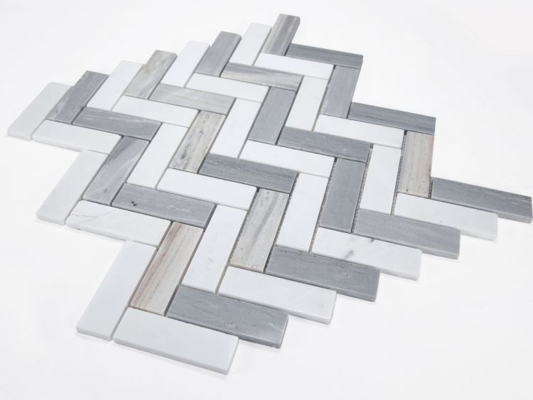 Elysium - Herringbone Blue 11 in. x 12.5 in. Marble Mosaic
