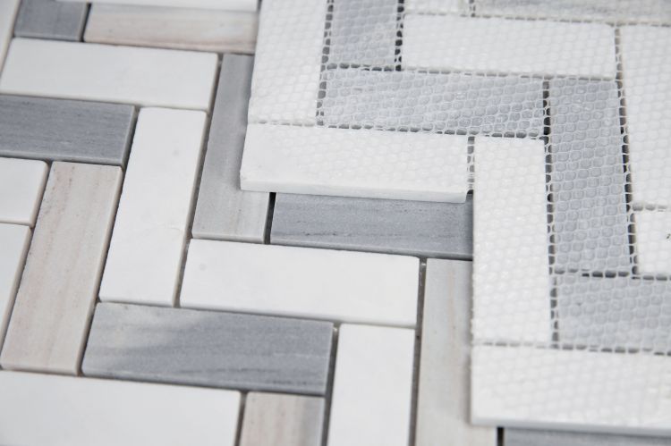 Elysium - Herringbone Blue 11 in. x 12.5 in. Marble Mosaic