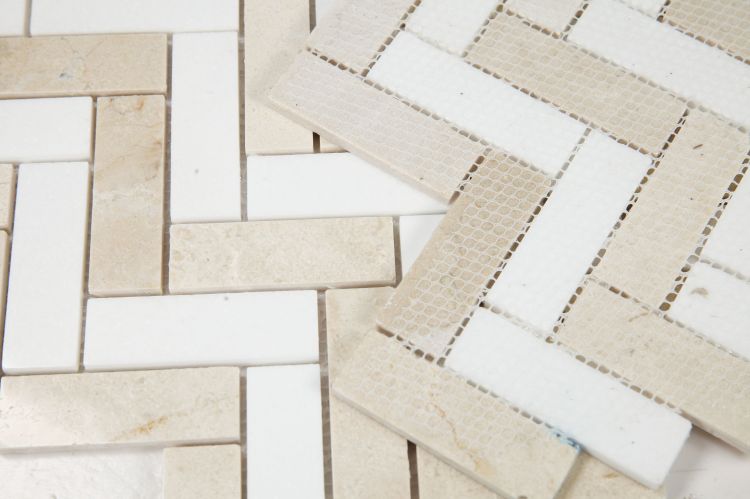 Elysium - Herringbone Marfil 11 in. x 12.5 in. Marble Mosaic