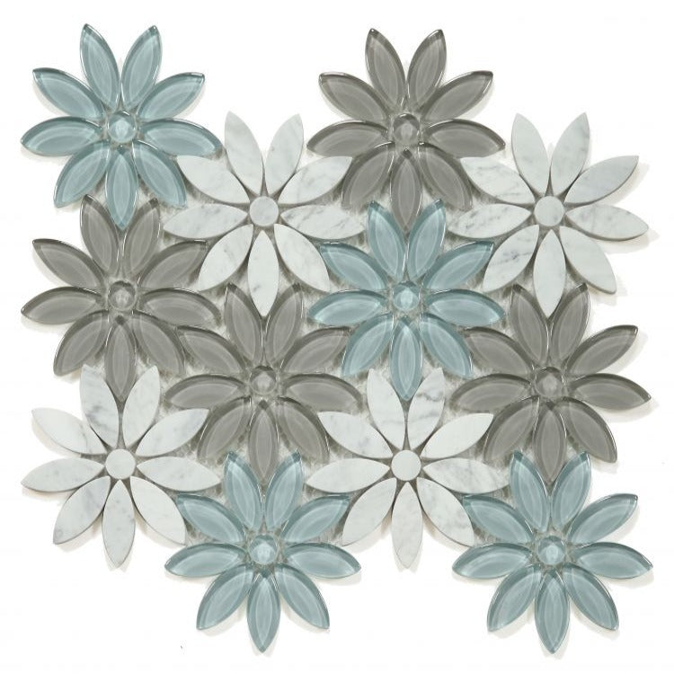 Elysium - Daisy White Sky 10 in. x 11.25 in. Glass and Stone Mosaic