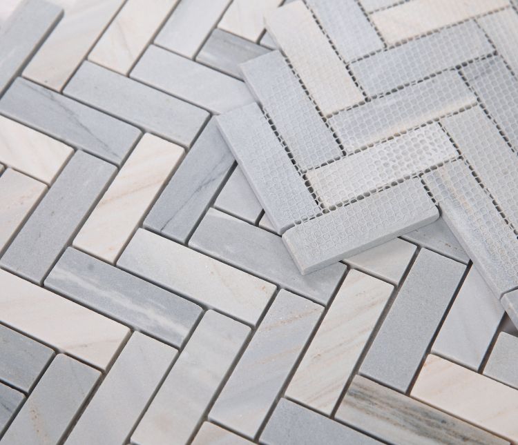 Elysium - Herringbone Italian Blue 11 in. x 12.5 in. Marble Mosaic