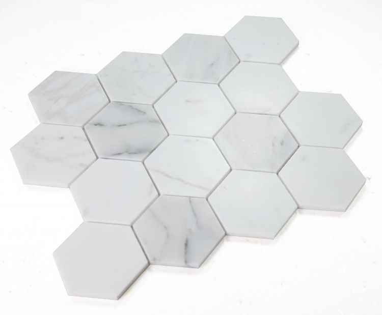 Elysium - Hexagon 3&quot; x 3&quot; Marble Mosaic - Calacatta White Honed