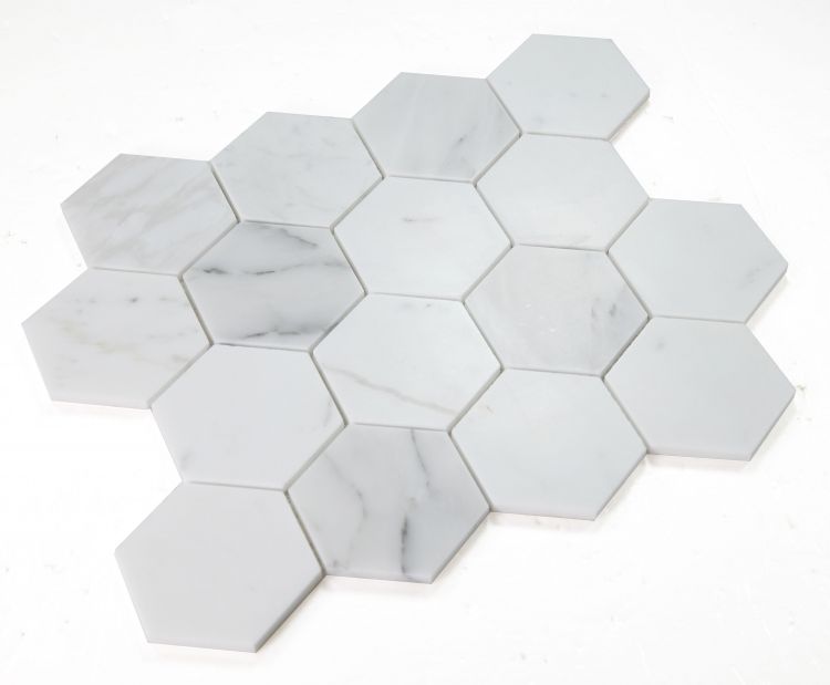 Elysium - Hexagon 3" x 3" Marble Mosaic - Calacatta White Honed