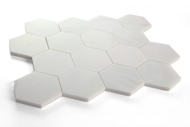 Elysium - Hexagon 3" x 3" Marble Mosaic - Snow White Honed