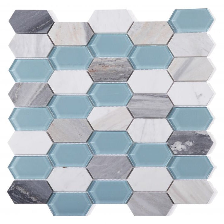 Elysium - Montage 12.5 in. x 13.25 in. Elongated Hex Marble Mosaic - Sky
