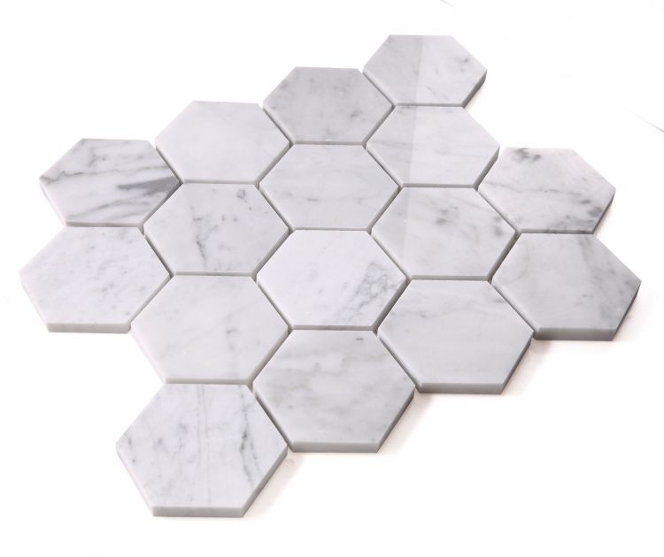 Elysium - Hexagon 3" x 3" Marble Mosaic - Carrara Polished