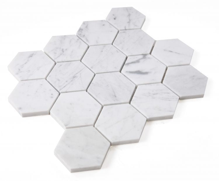 Elysium - Hexagon 3&quot; x 3&quot; Marble Mosaic - Carrara Honed