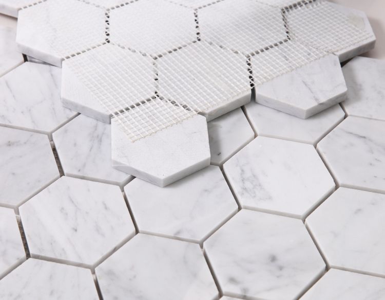 Elysium - Hexagon 3" x 3" Marble Mosaic - Carrara Honed