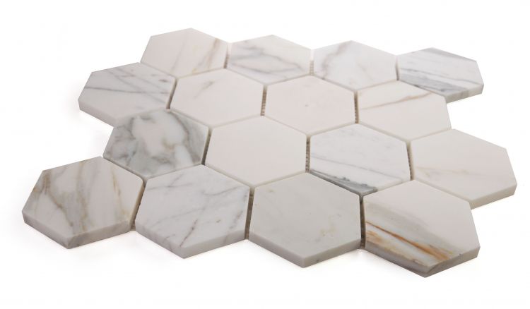 Elysium - Hexagon 3&quot; x 3&quot; Marble Mosaic - Calacatta Gold Honed