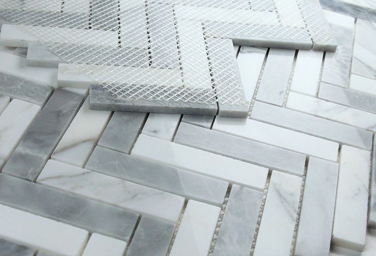 Elysium - Herringbone City Grey 11.25 in. x 11.25 in. Marble Mosaic