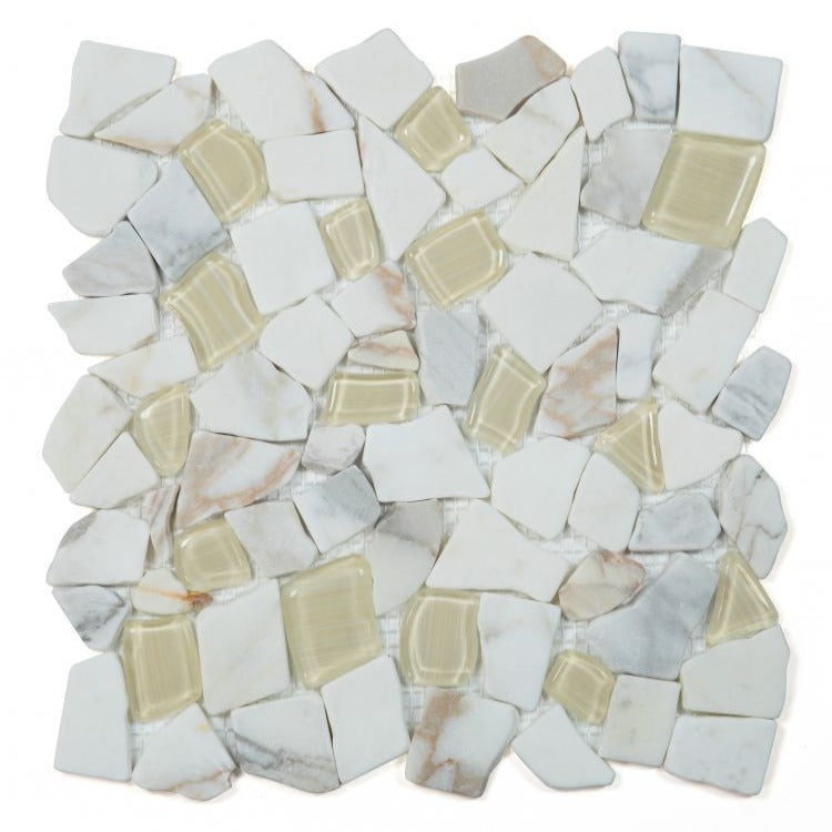 Elysium - Pebble 12&quot; x 12&quot; Glass and Marble Mosaic - Calacatta Gold