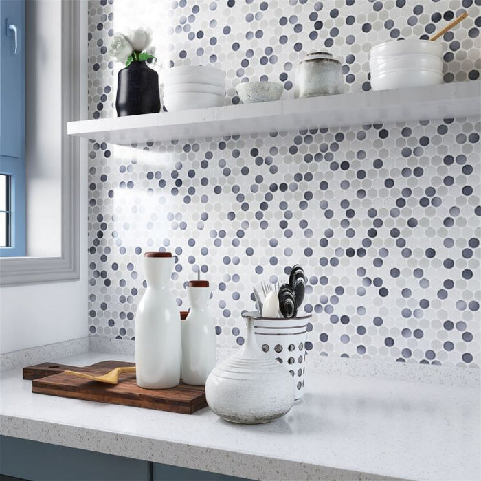 Elysium - Penny Round 11.5 in. x 12.25 in. Porcelain Mosaic - Mixed Grey Glossy