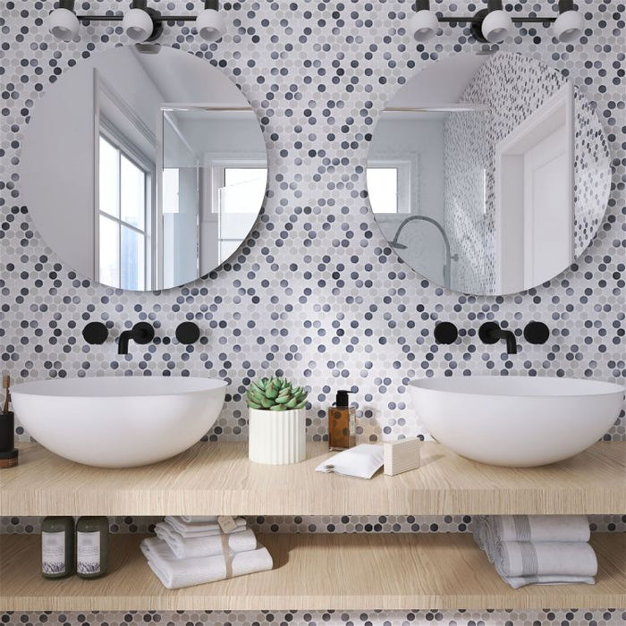 Elysium - Penny Round 11.5 in. x 12.25 in. Porcelain Mosaic - Mixed Grey Glossy