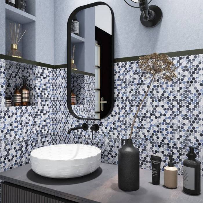 Elysium - Penny Round 11.5 in. x 12.25 in. Porcelain Mosaic - Gradient Grey Glossy