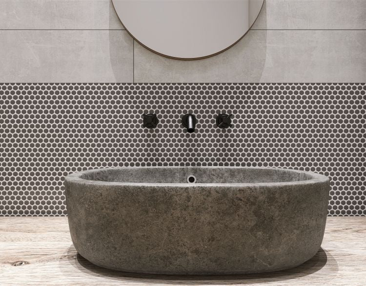 Elysium - Penny Round 11.5 in. x 12.25 in. Porcelain Mosaic - Dark Grey Matte