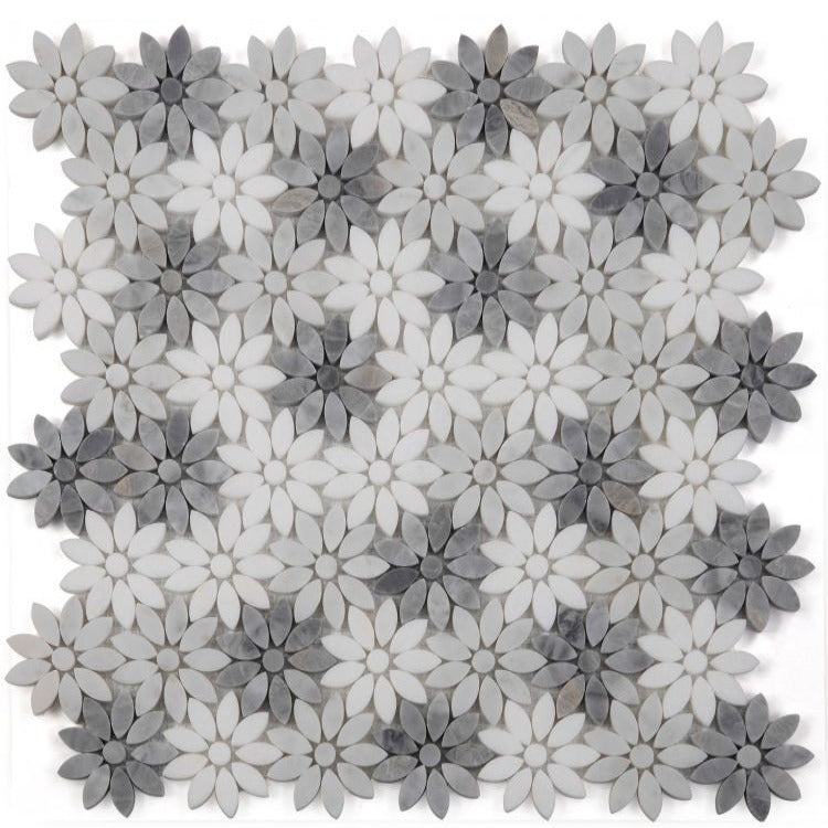 Elysium - Daisy Wild Grey 12.5 in. x 13 in. Glass and Stone Mosaic