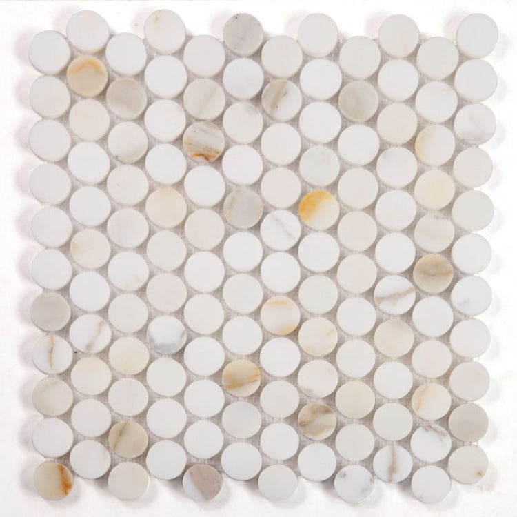 Elysium - Penny Marble 11 in. x 11.75 in. Marble Mosaic - Polished Calacatta