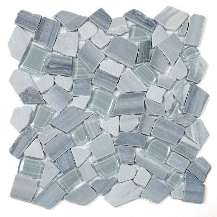 Elysium - Pebble 12&quot; x 12&quot; Glass and Marble Mosaic - Blue