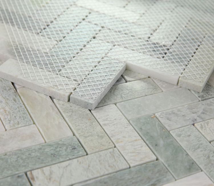 Elysium - Herringbone Green 11 in. x 12.5 in. Marble Mosaic