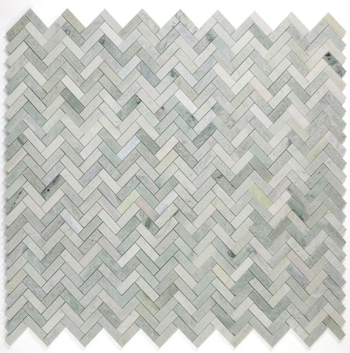 Elysium - Herringbone Green 11 in. x 12.5 in. Marble Mosaic