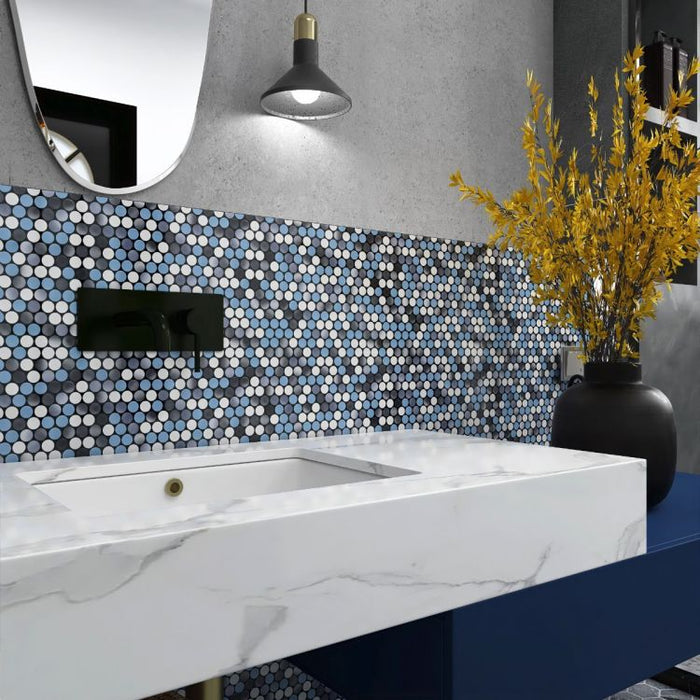 Elysium - Penny Round 11.5 in. x 12.25 in. Porcelain Mosaic - Sky