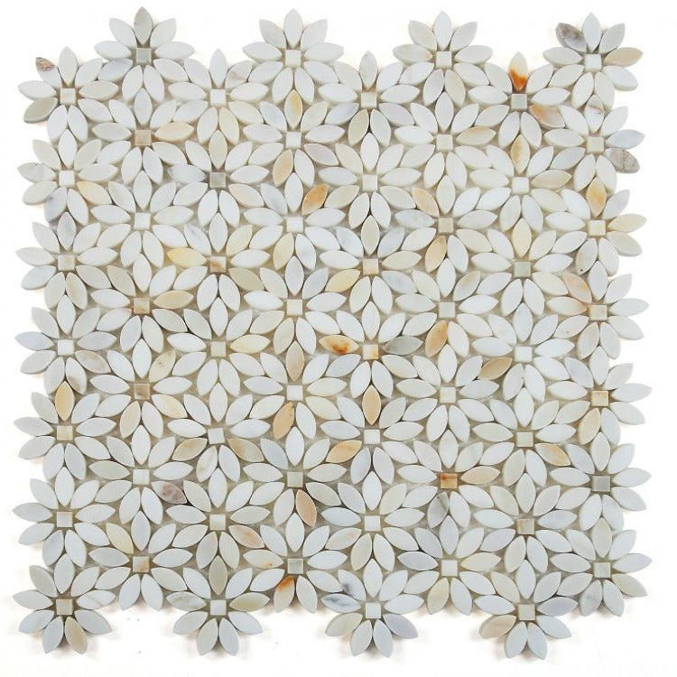 Elysium - Daisy Wild Calacatta Gold 12.75 in. x 13.25 in. Glass and Stone Mosaic