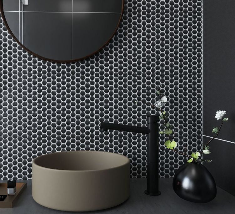 Elysium - Penny Round 11.5 in. x 12.25 in. Porcelain Mosaic - Black Matte