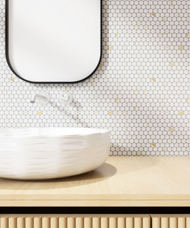 Elysium - Penny Round 11.5 in. x 12.25 in. Porcelain Mosaic - Calacatta Matte