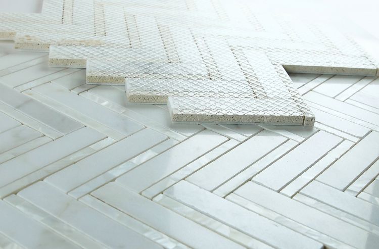 Elysium - Diana Herringbone White 11 in. x 11.75 in. Marble Mosaic