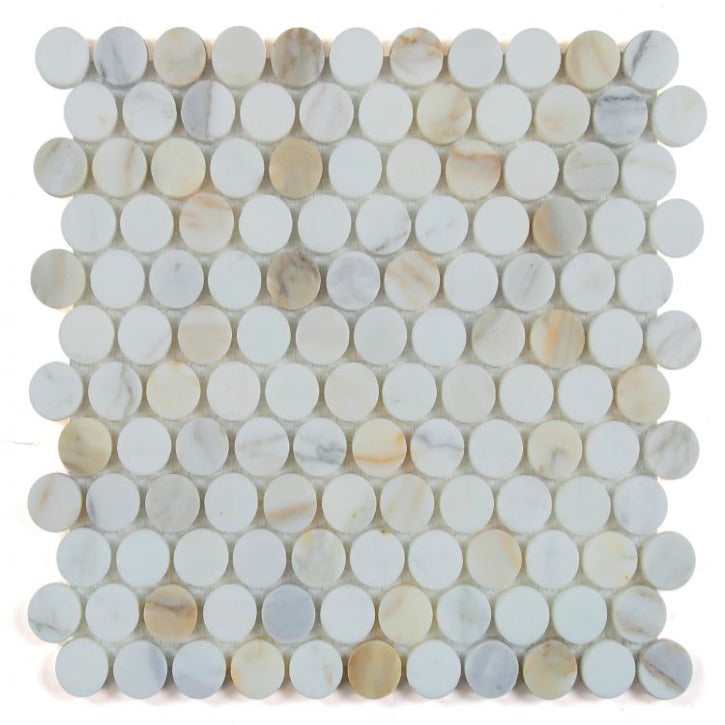 Elysium - Penny Marble 11 in. x 11.5 in. Marble Mosaic - Honed Calacatta