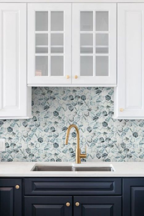 Elysium - Vanguard 11.25 in. x 11.25 in. Glass Mosaic - Hex XL - Azul backsplash wall installation