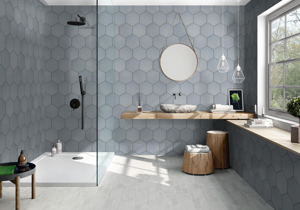 Tesoro - Albatross Hex 7 in. x 8 in. Ceramic Wall Tile - Sky Matte Room Scene