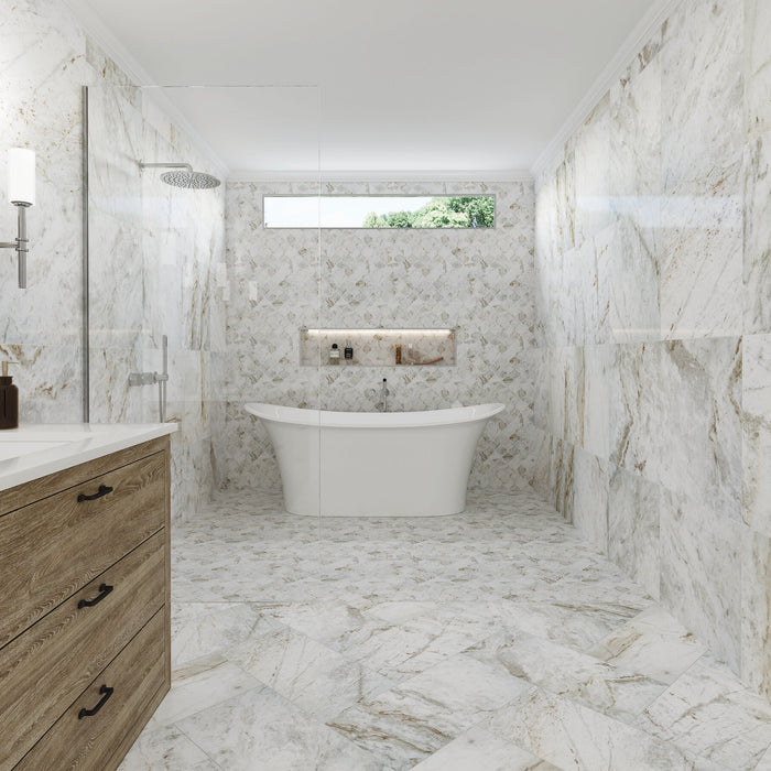American Olean - Mythique Marble 12 in. x 12 in. Colorbody Porcelain Tile - Majestic Polished Room Scene