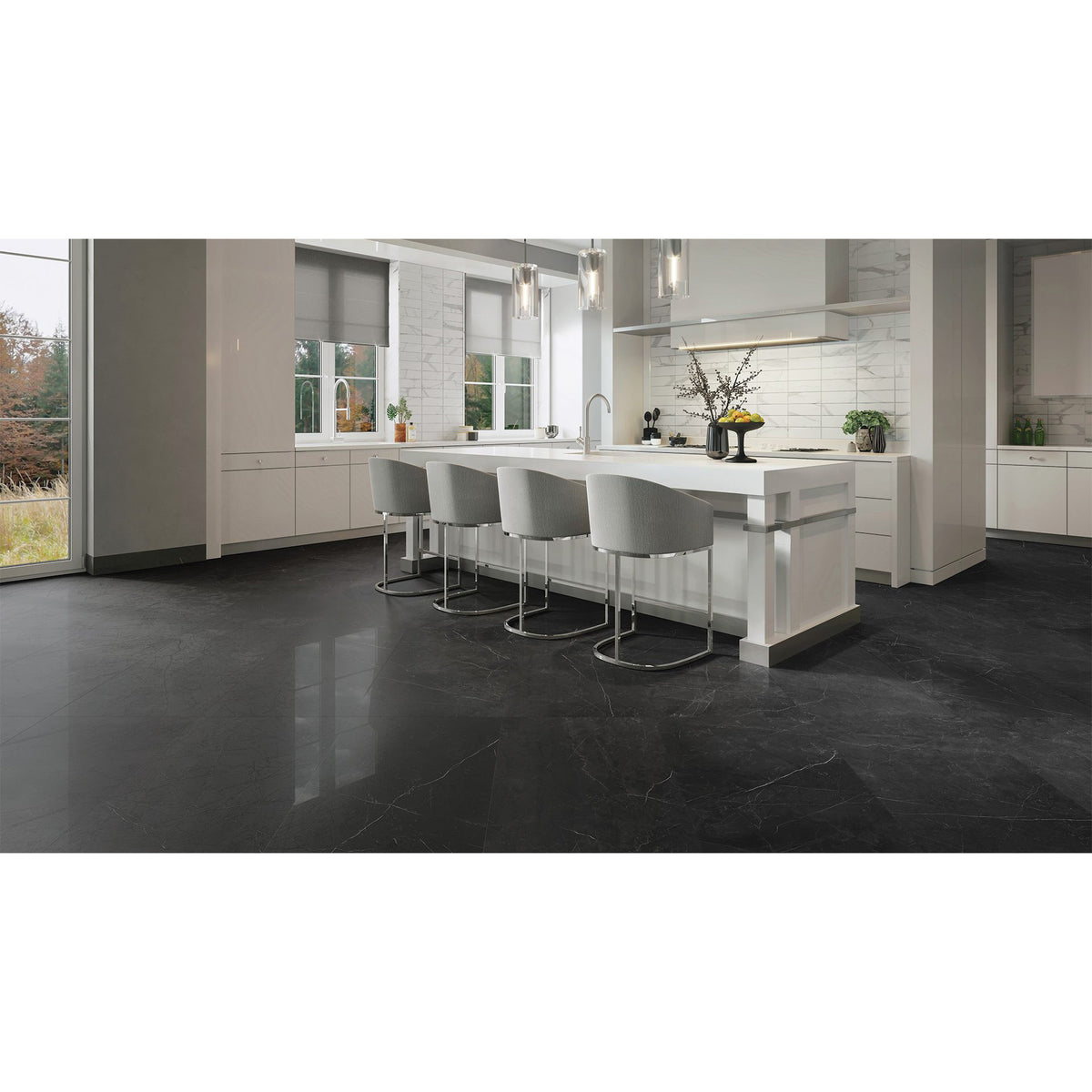 Anatolia - La Marca Glazed Porcelain 12 in. x 24 in. Polished Tile - Nero Venato Installed