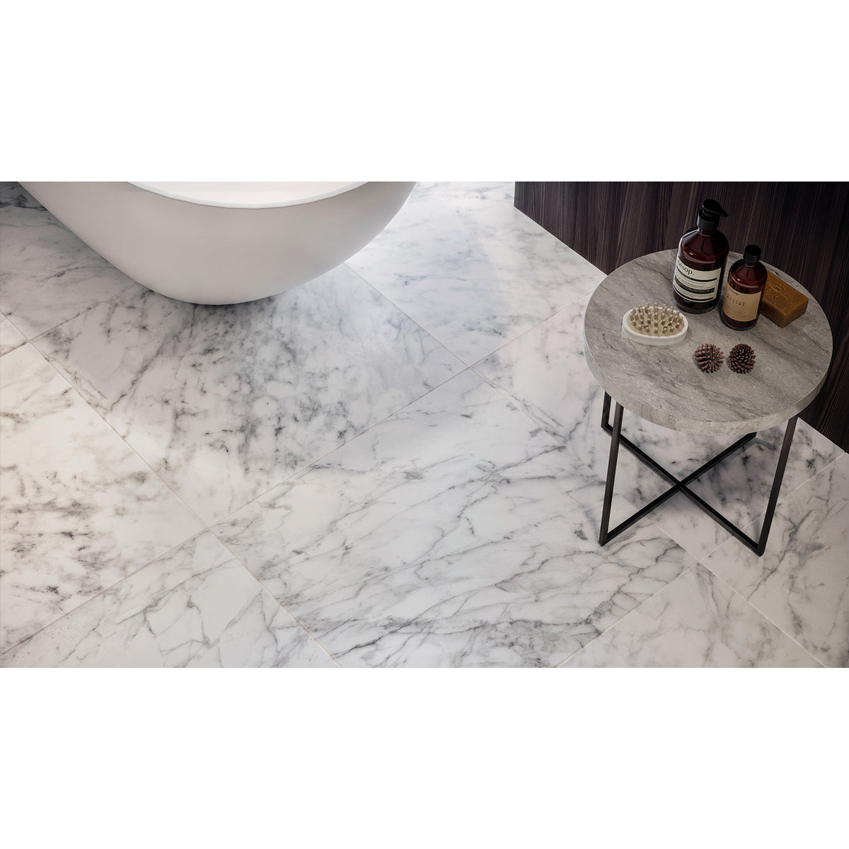 Anatolia - Plata 24 in. x 48 in. Glazed Porcelain Rectified Tile - Carrara Abisso Polished Installed