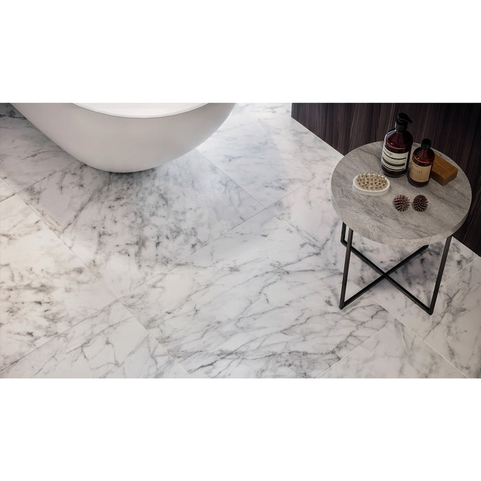 Anatolia - Plata 12 in. x 24 in. Glazed Porcelain Rectified Tile - Carrara Abisso Matte Room Scene