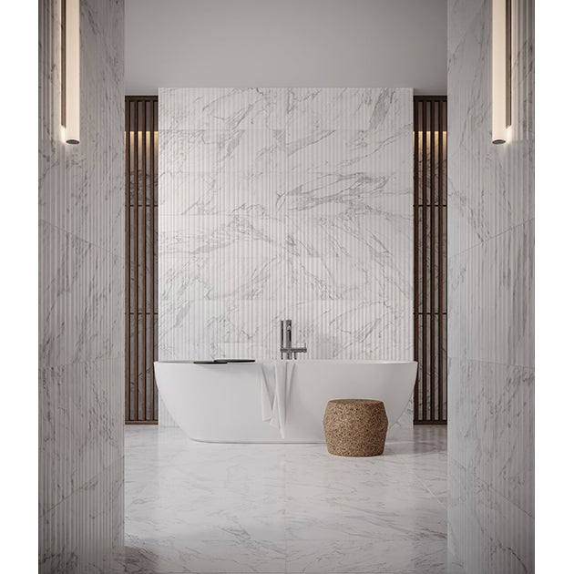 Anatolia - Raffino 12 in. x 36 in. Alto Rectified Glazed Ceramic Tile - Bianco Vita Installed