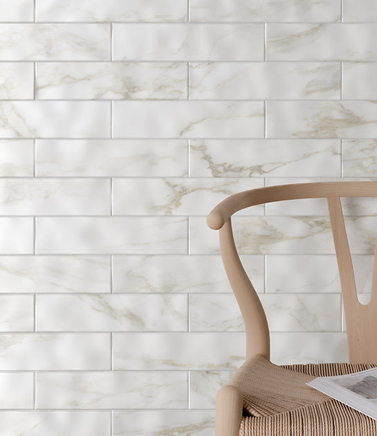 Anatolia - Raffino 3 in. x 12 in. Artisan Pressed Glazed Ceramic Tile - Calacatta Dolce Installed