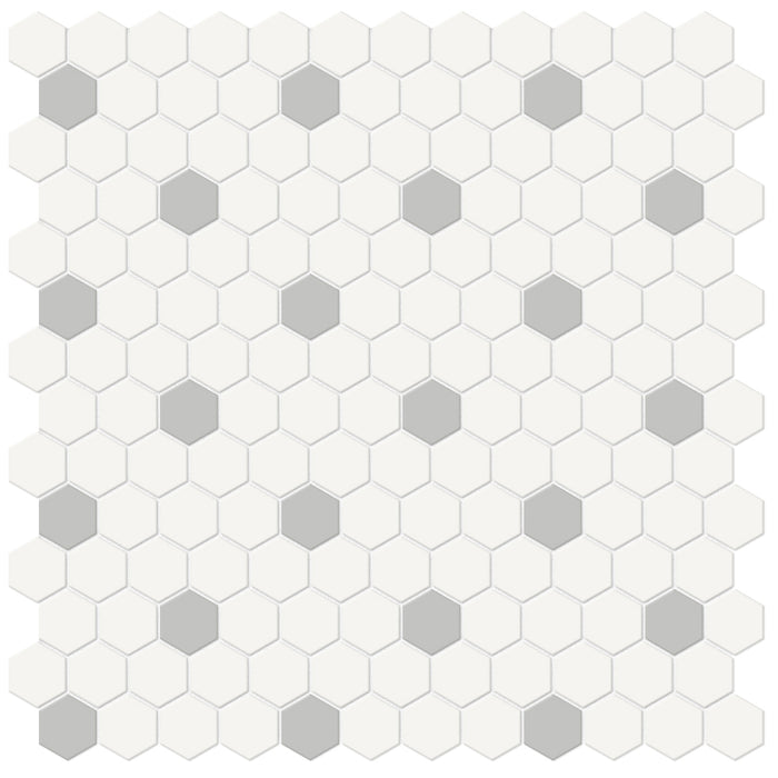 Anatolia - Soho Porcelain - 1 in. Hexagon Glazed Mosaic with Insert - Loft Grey Matte