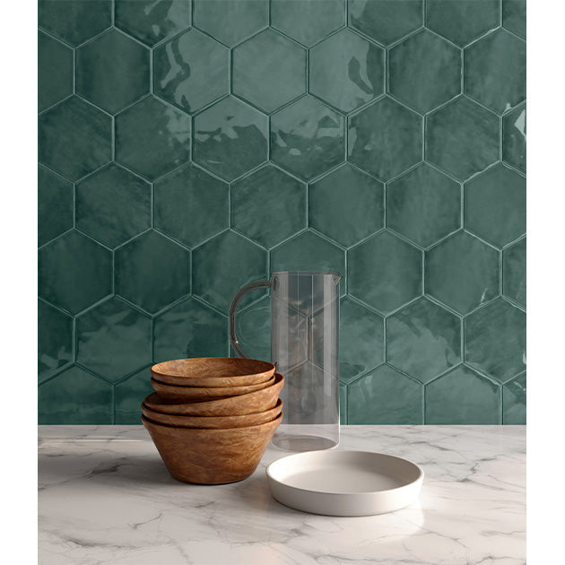 Anatolia - Teramoda 6 in. Hexagon Glazed Ceramic Wall Tile - Emerald Glossy Installed