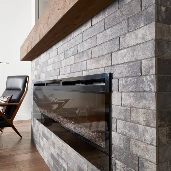 Arizona Tile - Castle Brick Porcelain Tile - Grey Fireplace Install