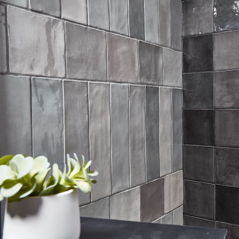 Arizona Tile - Flash 5&quot; x 5&quot; Ceramic Wall Tile - Cool Grey Bathroom Install