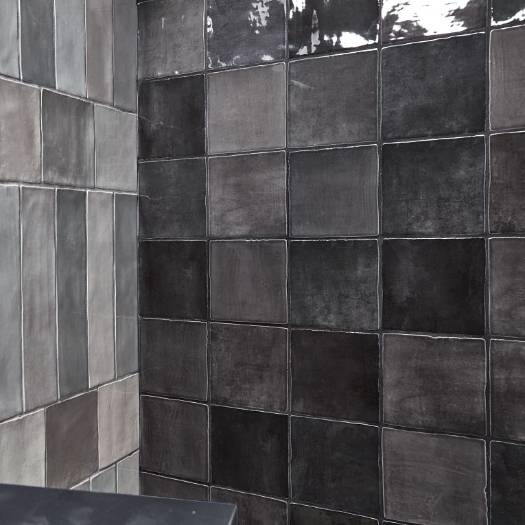 Arizona Tile - Flash 5&quot; x 5&quot; Ceramic Wall Tile - Graphite Bathroom Install