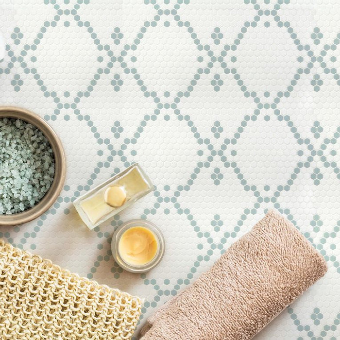 Arizona Tile - Geo 2 Hex Mesh Series - Bisou Dawn 13" x 13" Rectified Glass Tile Installed