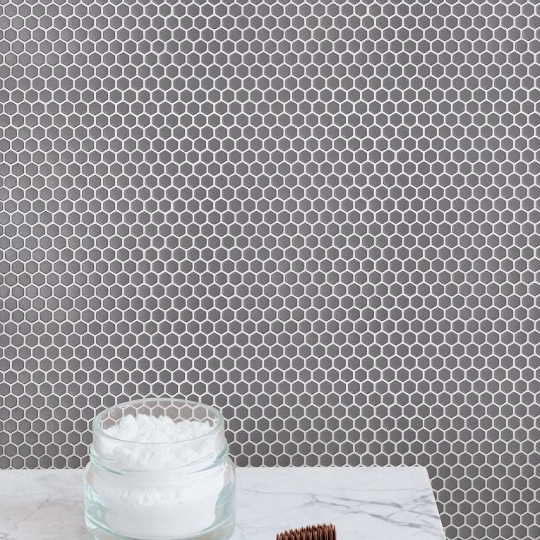 Arizona Tile - Geo 2 Hex Mesh Series - Coin 12&quot; x 12&quot; Rectified Glass Tile Bathroom Install