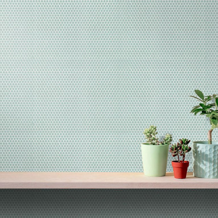 Arizona Tile - Geo 2 Hex Mesh Series - Thyme 12" x 12" Rectified Glass Tile Installed